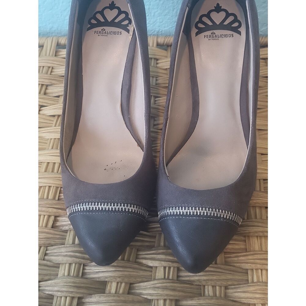 Fergalicious Gray Suede Pointed-Toe Heels with Zip Detail